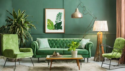 living interior with sofa, Collection of green pieces of modern furniture. For interior design. Sofa, framed picture, flowerpot, bedside table, lamp. Isolated on transparent background