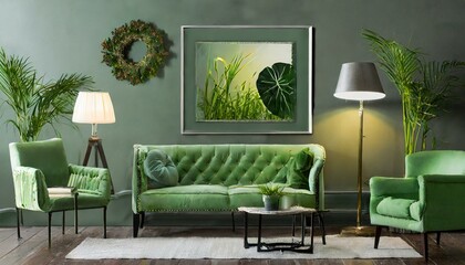 modern living room with sofa, Collection of green pieces of modern furniture. For interior design. Sofa, framed picture, flowerpot, bedside table, lamp. Isolated on transparent background