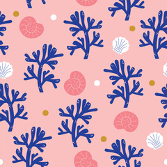 bright vivid summer seamless pattern with deep blue corals and pink and white seashells vector illustration