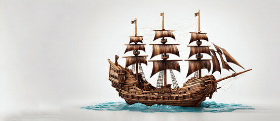  Handmade wooden Chinese junk boat model. An ancient Chinese sailing vessel designAncient pirate ship over white backgrouned generative by ai... - obrazy, fototapety, plakaty