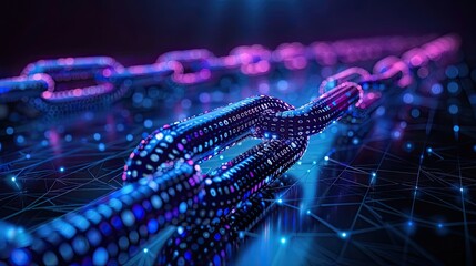 Digital blockchain technology with blue neon color backgrounds - obrazy, fototapety, plakaty