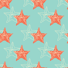 Fototapeta na wymiar bright vivid summer seamless pattern with starfish and outline vector illustration