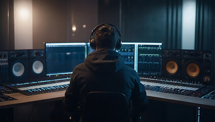 Back shot of an Anonymous music producer who is sitting and focused on mixing tracks in a professional music studio setting with a large console in dark lightings,  headset