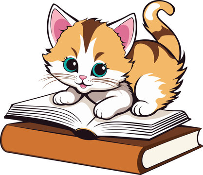 Ginger kitten jump on book. Cute cartoon ginger kitten jumping on the open book illustration.