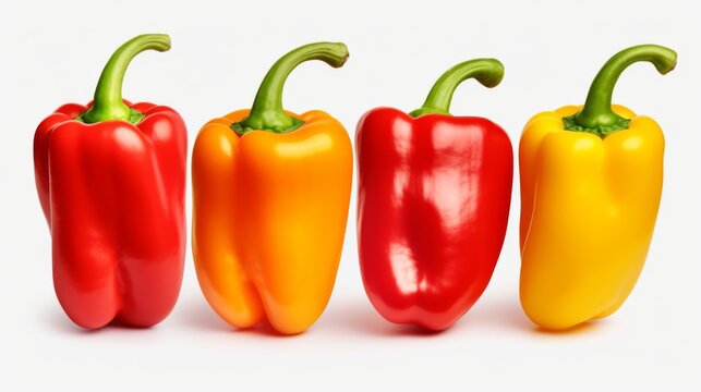Colorful bell peppers in a row on white