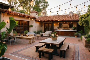 Obraz premium A Lima street food fiesta spills into the courtyard of a craftsman-style home