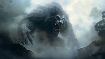 A gigantic monster emerged from the thick mist. , is something that arises from imagination.