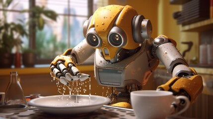 Futuristic robot cleaning dishes with water splashes in a sunny home kitchen