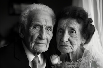An elderly man and woman are standing together, posing for a picture during their wedding vow renewal ceremony. They are smiling and holding hands, showcasing their love and commitment