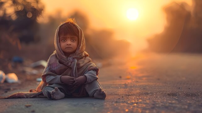 The portrait of a little Indian boy sitting by the roadside in the sunset rays conveys the image of poverty and need.