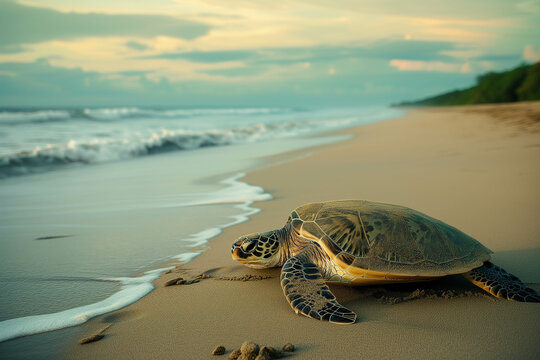 A sea turtle on the beach is about to walk into the sea.