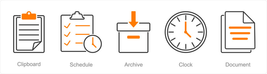 A set of 5 Office icons as clipboard, schedule, archive