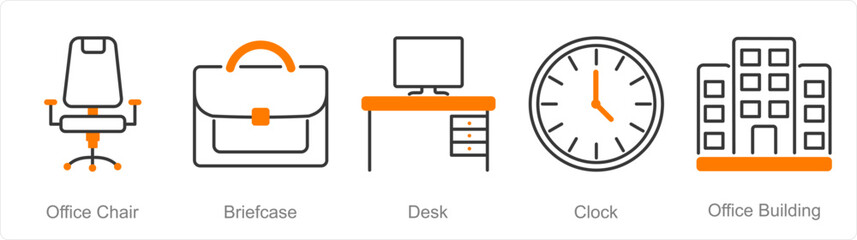 A set of 5 Office icons as office chair, briefcase, desk