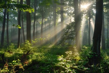 "A serene forest at dawn comes alive with whispers of light, as sunbeams break through the canopy, casting a magical glow over the verdant understory. This tranquil scene invites a moment of reflectio