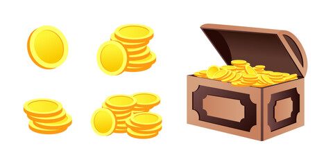 gold coin vector illustration isolated and wooden treasure chest