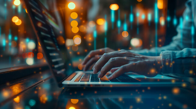 Business finance data analytics graph chart report, man using laptop computer hand typing investment data digital marketing KPI sale report, financial management technology, cyber space metaverse.