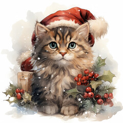 Watercolor Christmas Cat on Sled Illustration, Generative Ai