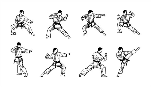set of karate moves silhouette - hand drawn line art style (artwork 1)