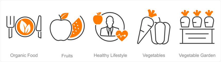 A set of 5 Organic Farming icons as organic food, fruits, healthy lifestyle