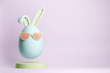 Stylish Easter bunny in form egg with sunglasses floating in air over podium. 3d illustration, rendering. Easter greeting card, spring postcard, flyer, advertising. Copy space