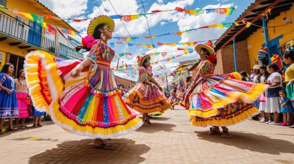 Colorful dancers in traditional costumes celebrate at a Latin American street parade, showcasing...