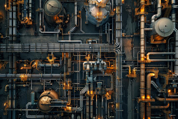 Intricate piping of a refinery, closeup, industrial complexity, detailed texture - obrazy, fototapety, plakaty
