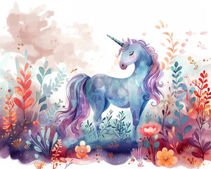 Magical unicorn scene in cartoonish watercolor full clipart design