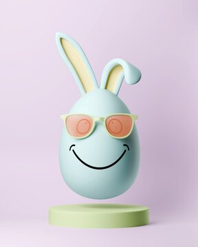 Stylish Easter bunny in form egg with sunglasses floating in air over podium. 3d illustration, rendering. Easter greeting card, spring postcard, flyer, advertising.