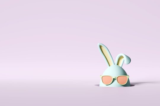 Happy Easter day. Stylish Easter bunny in form egg with sunglasses looking out its burrow. 3d illustration, rendering. Background for greeting card, spring postcard, flyer, advertising. Copy space