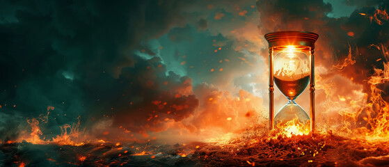 Time urgency, hourglass with world on fire background, stark, text area - obrazy, fototapety, plakaty