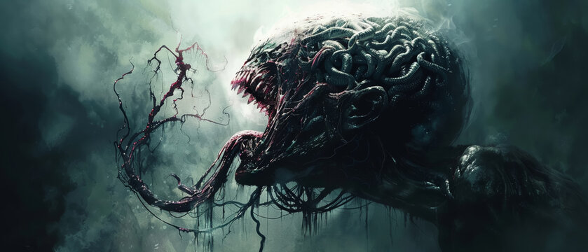 Terrifying alien creature eating a human brain, dark and intense theme
