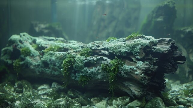 Large driftwood in the aquarium covered