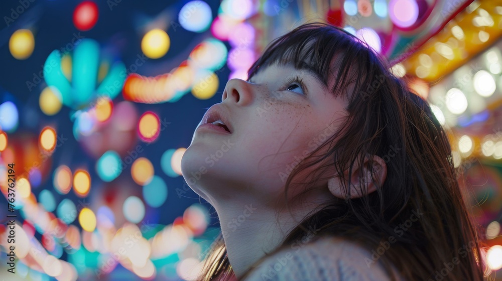 Wall mural A little girl looking up at a colorful light display. Generative AI.