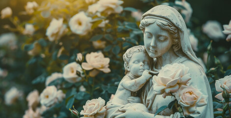 Obraz premium A statue of a mother holding a baby in a garden. Generative AI.