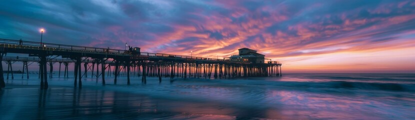 Obraz premium A pier is silhouetted against a colorful sky at sunset. Generative AI.
