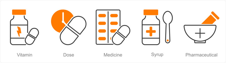 A set of 5 Pharmacy icons as vitamin, dose, medicine