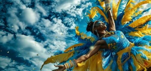 A woman in a blue and yellow costume dancing in the air. Generative AI. - obrazy, fototapety, plakaty