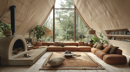 Fototapeta premium Cozy Modern Living Room with Forest View