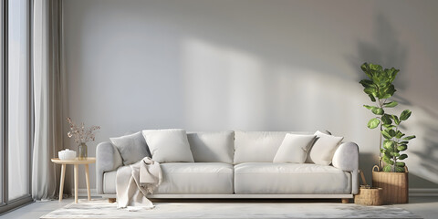 Wall Art Mockup, Interior Design, White Couch in Living Room Next to Window, Empty Wall