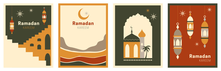 Ramadan Kareem Eid Mubarak abstract vector design. Modern illustration with window, arch, mosque dome, crescent moon. Islamic backgrounds for greeting cards, posters