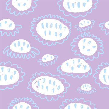 Cute seamless pattern with hand drawn scribble flowers. Spring floral texture for fabric, textile, wallpaper, kids print. Repeating background in pastel purple, blue and white colors © Оксана Назарова