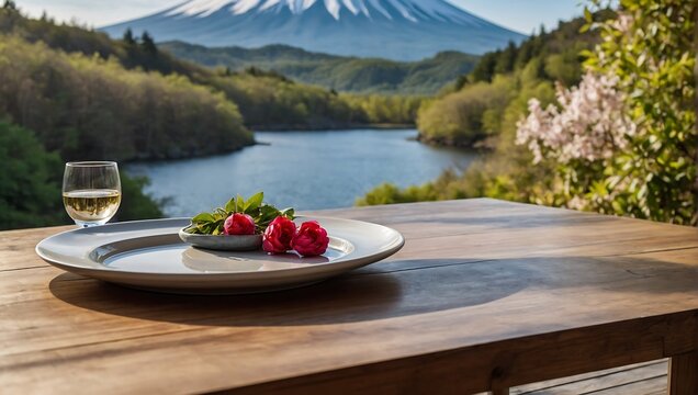 traditional dining table with views of the lake and Mount Fuji. AI generated