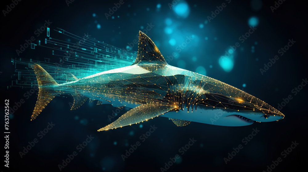 Wall mural big data visualization where a digital shark swims in the data stream. futuristic background. genera