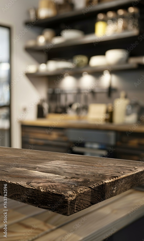 Wall mural A wooden counter top in a kitchen. Generative AI.