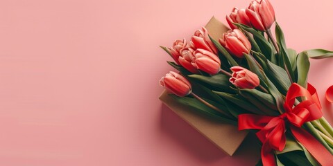 Red tulips and a box with a red ribbon on pink background. Generative AI. - Powered by Adobe