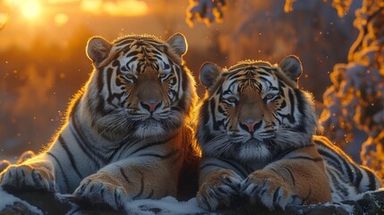 a couple of tigers at sunset