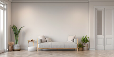 Fototapeta na wymiar Wall Art Mockup, Interior Design, Living Room With Couch and Potted Plant, Empty Wall