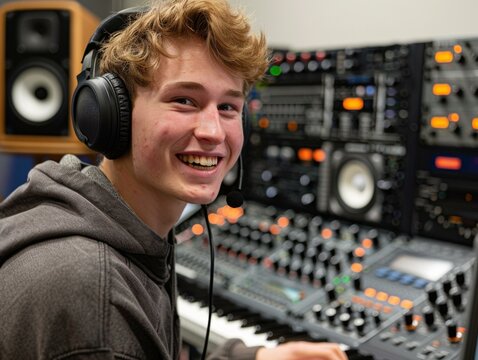 A young man wearing headphones in a music studio. Generative AI.