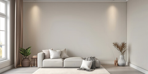 Wall Art Mockup, Interior Design, Modern Living Room With White Couch and Rug, Empty Wall