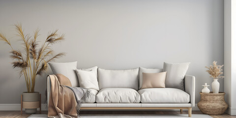 Wall Art Mockup, Interior Design, Cozy Living Room With Couch and Rug, Empty Wall